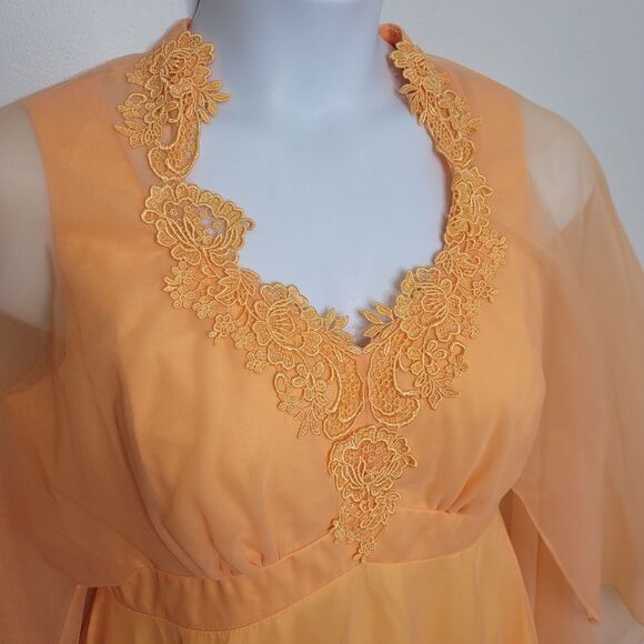 VINTAGE 70s creamsicle orange gown overlay cape‎ long maxi dress chiffon L - Picture 4 of 13
